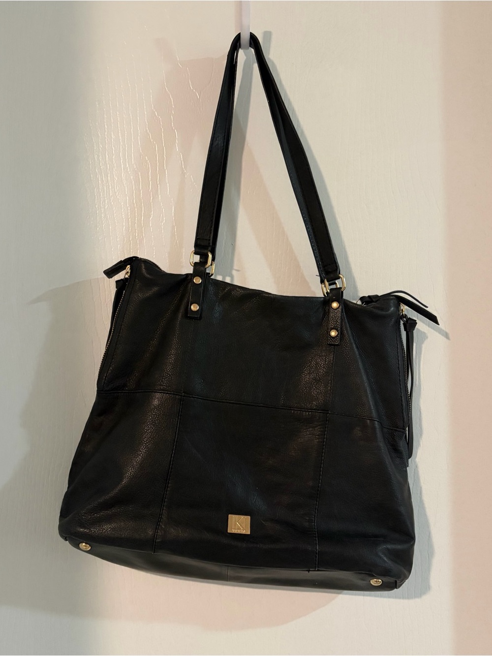 Koopa Black Leather Tote Bag with Gold hardware and dual shoulder straps